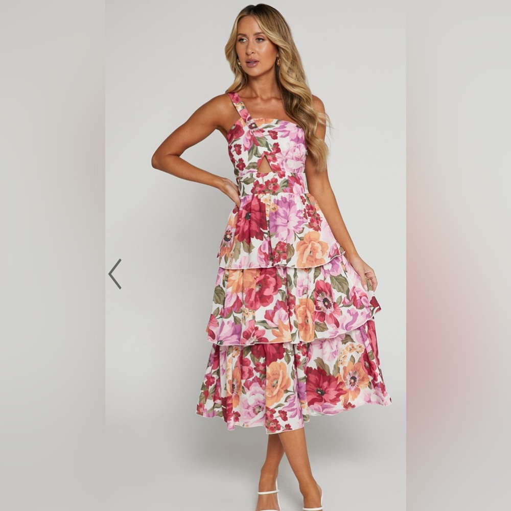 NWT CARO MIDI DRESS - ONE SHOULDER TIERED DRESS IN SPRING FLORAL